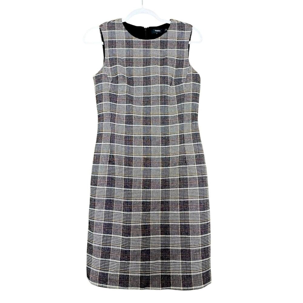 Theory Houndstooth Patchwork Plaid Womens Lined Sheath Dress 4 Preppy Old Money